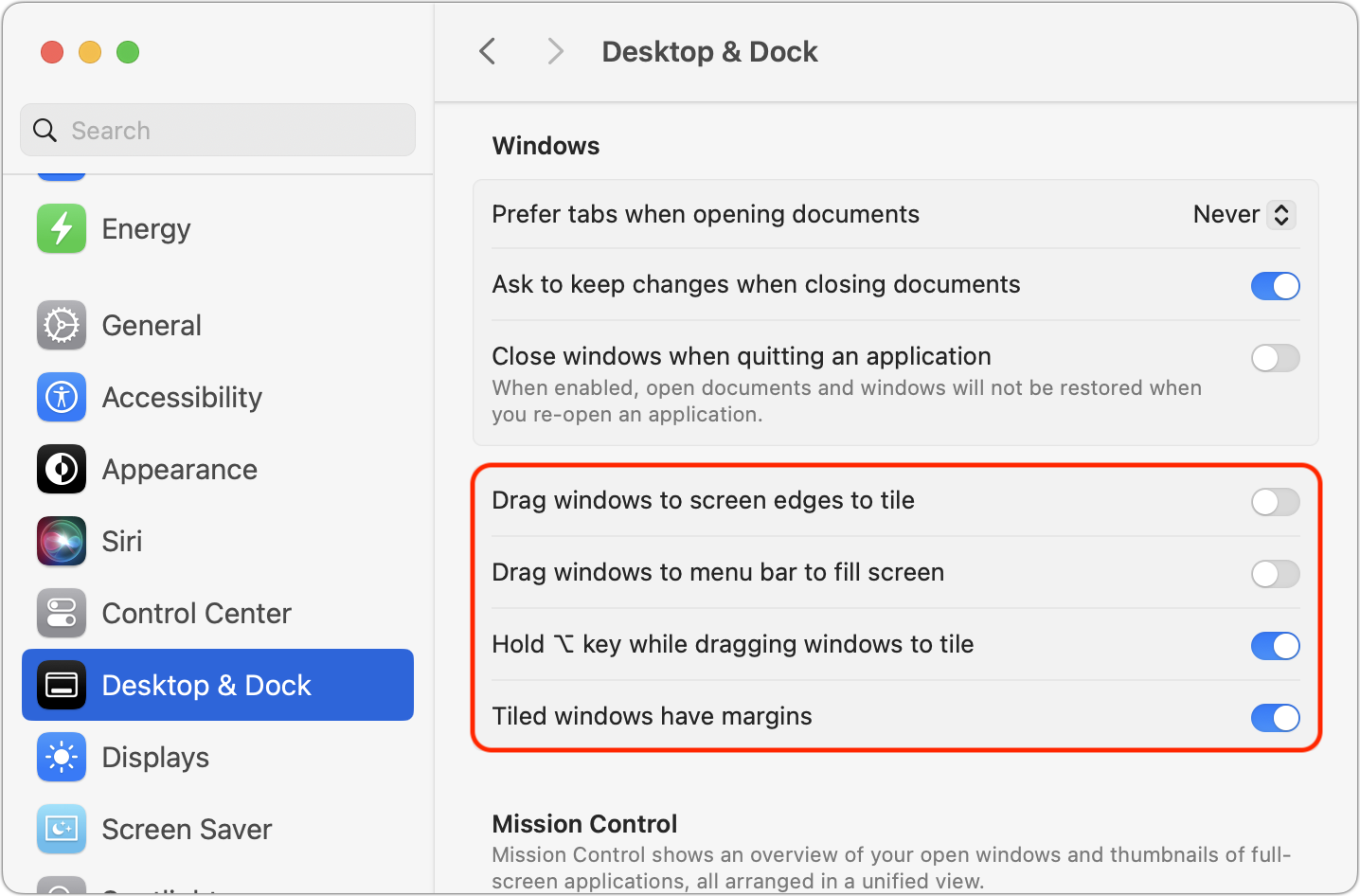 Control window tiling